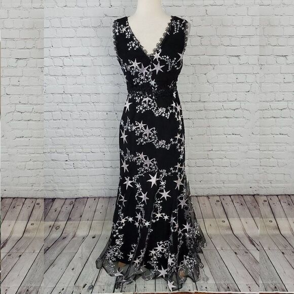 FOXIEDOX Astra Embroidered Trumpet Gown S NWT Black Silver Stars - Picture 5 of 7